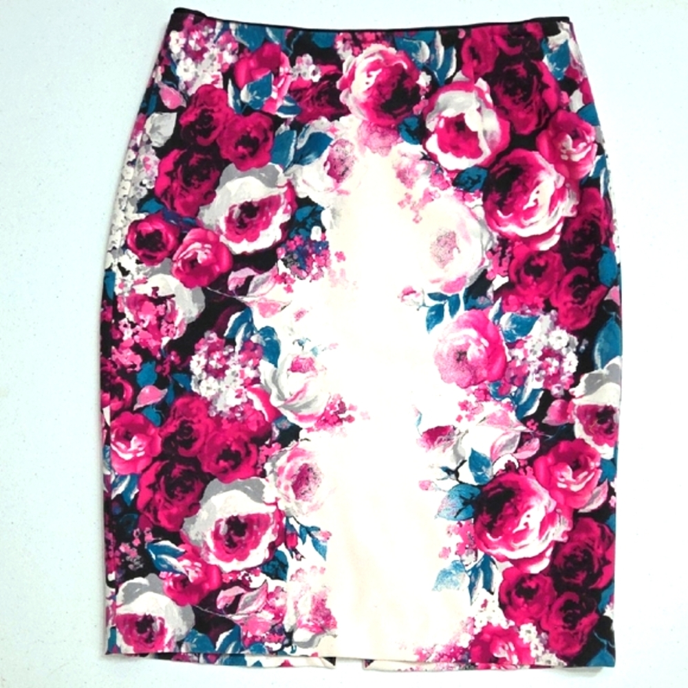 White House Black Market Floral Pencil Skirt Pink Teal Rose Size 6